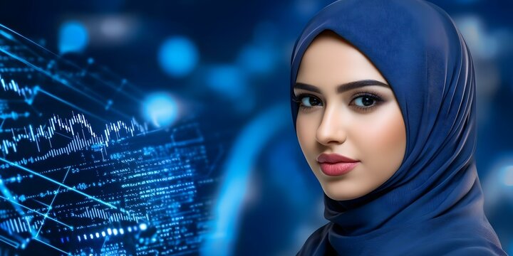 A woman in a blue hijab is shown against a futuristic digital background featuring graphs and data visualizations. Concept Futuristic Digital Background, Woman in Blue Hijab, Data Visualizations - Powered by Adobe