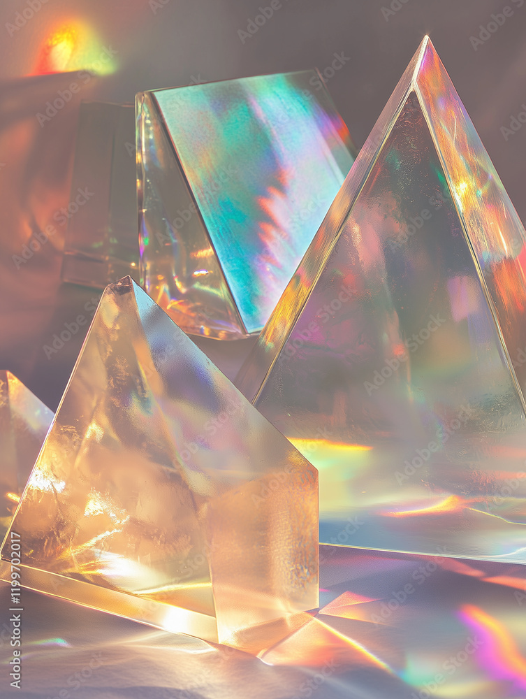 Poster iridescent foil reflecting light with geometric shapes creates a vibrant spectrum of colors in vario