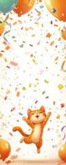 Naklejka premium Joyful cat playing with colorful confetti at a celebration cartoon scene cheerful atmosphere whimsical viewpoint