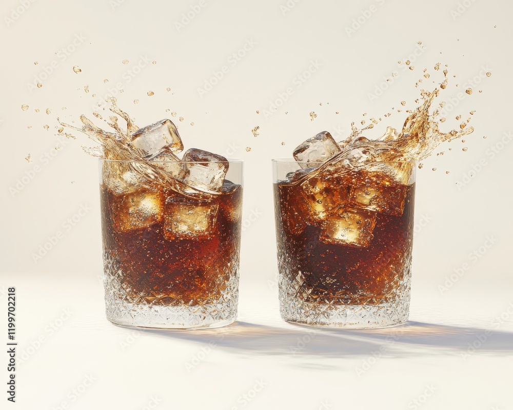 Poster refreshing beverage splash in glass with ice cubes captured in dynamic moment of motion and crisp co