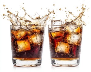 Refreshing Beverage Splash: Two Glasses of Cola with Ice Cubes and Dynamic Water Splashing, Perfect for Summer Thirst Quenching Images