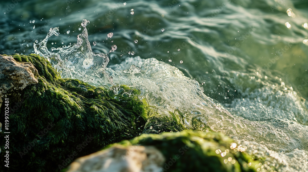 Poster iridescent waves gently lap against moss-covered rocks during sunset, creating a calming atmosphere 