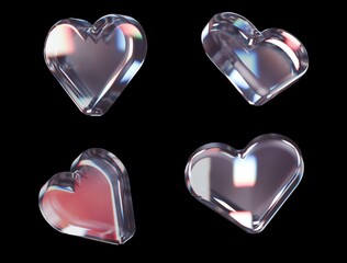 Clear Hearts set in different angles 3d render dispersed glass