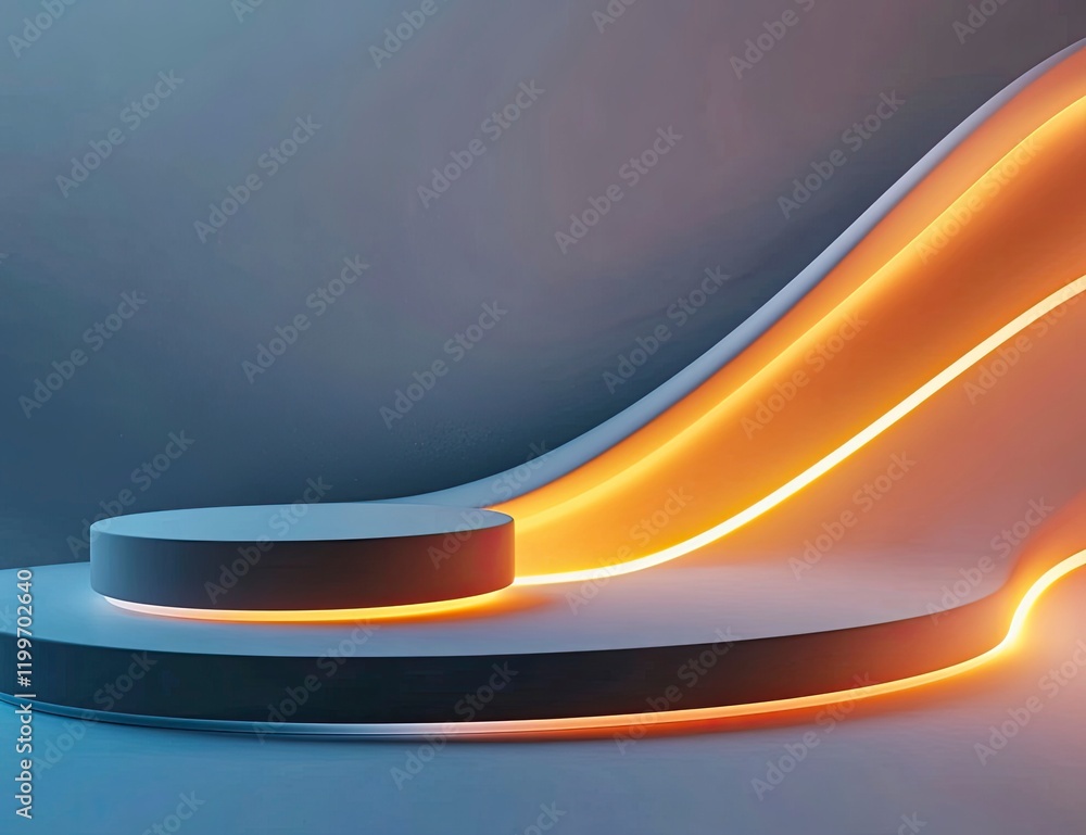 Poster 3d rendering of a podium with a glowing light line background, a vector presentation design mockup t