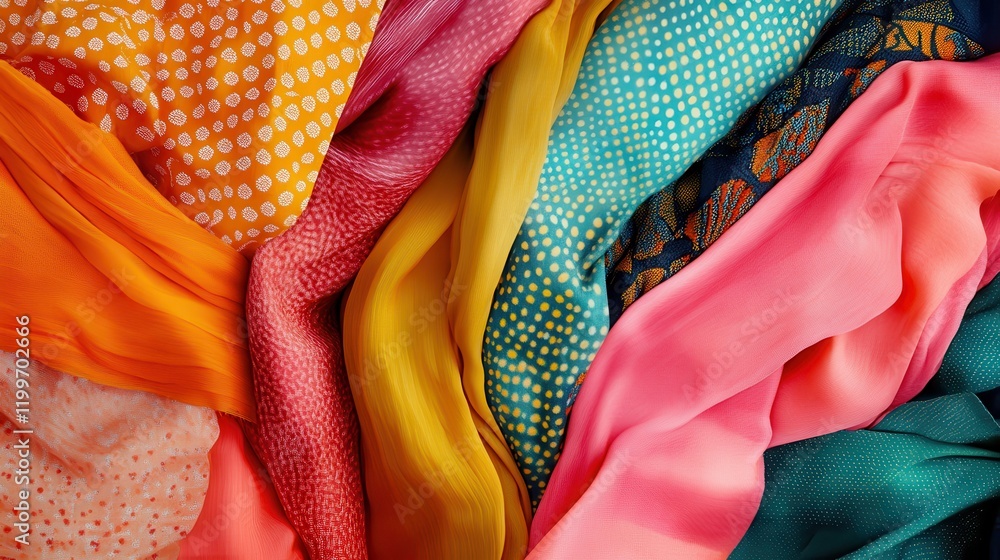 Poster a colorful array of fabrics with a variety of patterns and colors
