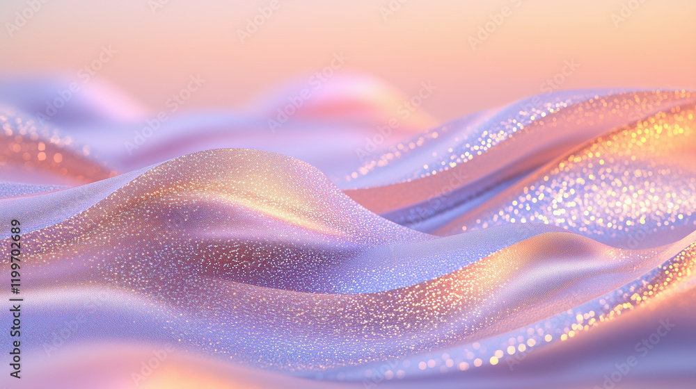 Poster layers of shimmering sequins create a soft texture evoking a serene sunset landscape with gentle wav