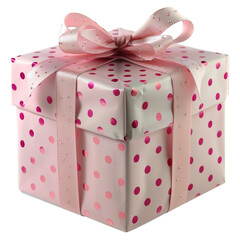 A neatly wrapped gift box with pink dot patterned wrapping paper and a large, shiny pink bow - AI-Generated