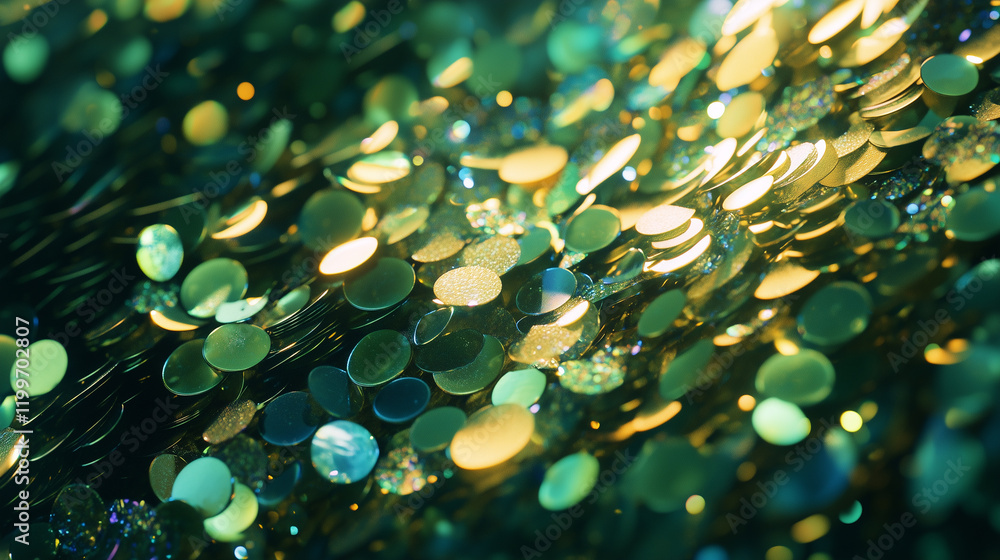 Aufkleber layers of translucent sequins create a shimmering effect in vibrant green and gold hues at a craftin
