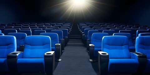 Naklejka premium An empty cinema theater with blue seats and a bright light beam illuminating the scene from the back. Concept Cinema Atmosphere, Blue Seat Design, Light Beam Effects, Empty Theater Vibe