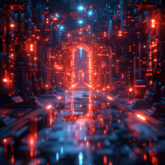 Obraz premium Image showcases a detailed underwater scene with technological elements, featuring a lit pathway in a red-tinted environment The setting combines organic and digital themes, possi - AI-Generated