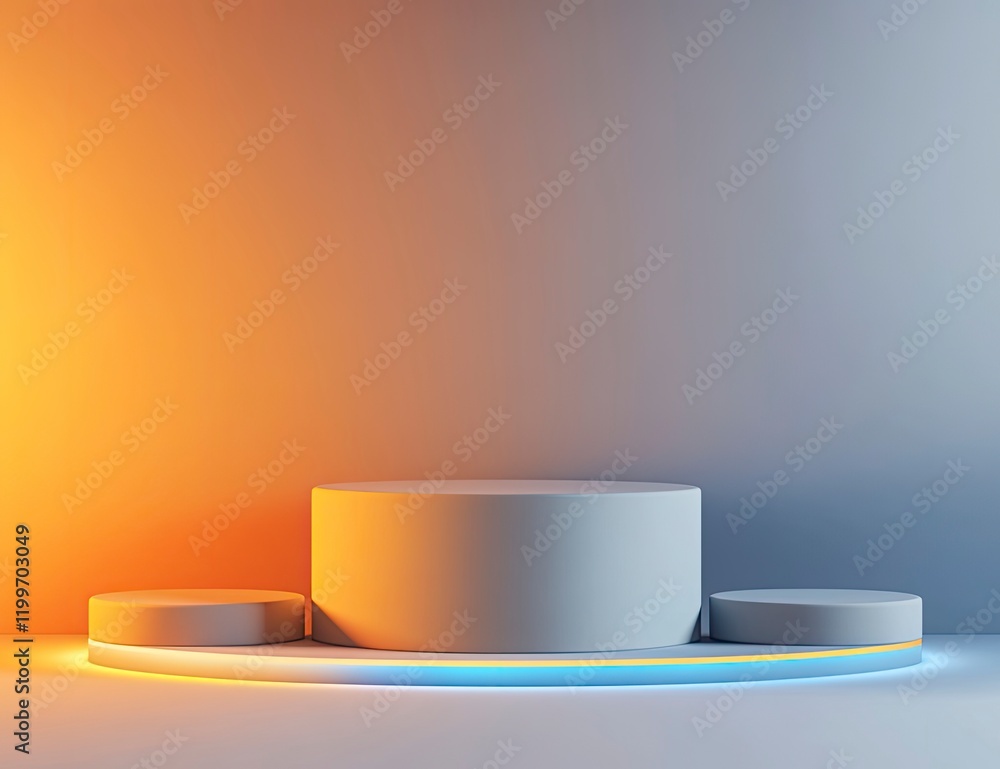 Poster 3d rendering of a podium with a glowing light line background, a vector presentation design mockup t