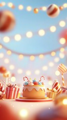 Obraz premium Fairground-themed party with carousel cake and candy outdoor celebration festive environment joyful perspective sweet treats concept