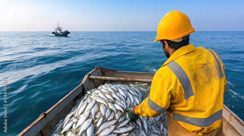 Poster a fisherman hauling in a massive net filled with fish, with the open sea in the background.