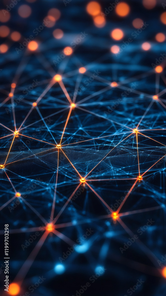 Poster Complex network of interconnected nodes forming a futuristic digital mesh, symbolizing communication, technology, and data flow in a dark digital environment
