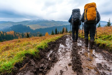 Muddy trails and scenic adventures. Two hikers on a muddy trail in a scenic landscape.