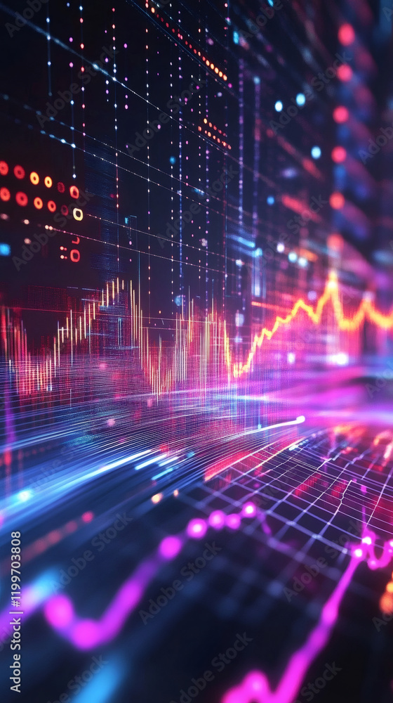 Poster financial data chart showing growing profits, with a futuristic digital grid and colorful lights