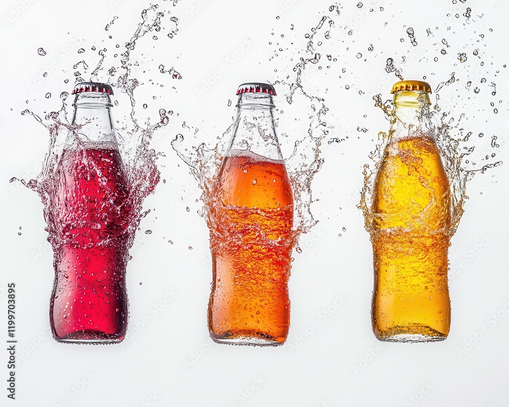 Poster refreshing bottles of soda with splashes in vibrant colors displayed on a white background, capturin