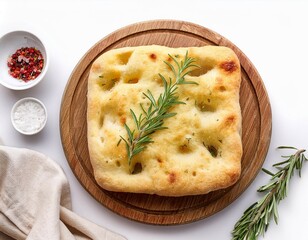 flatbread focaccia bread with rosemary and salt on white background