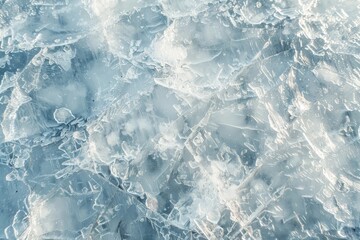 Close-up of cracked transparent ice surface with intricate fractures and patterns. Abstract winter photography for design and background.