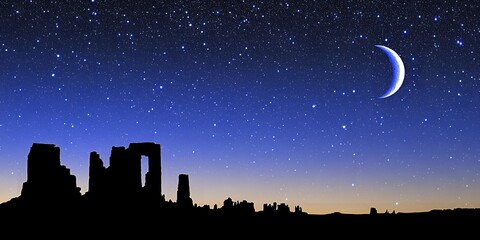 Majestic Night Sky over Ancient Ruins Crescent Moon Stars and Silhouetted Landscape