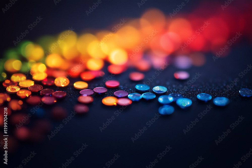 Poster vibrant rainbow-colored sequins scattered on a dark surface creating a dazzling effect during an art