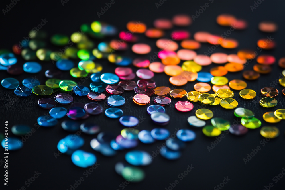 Poster colorful sequins scattered on black surface create vibrant display of light and texture for crafting