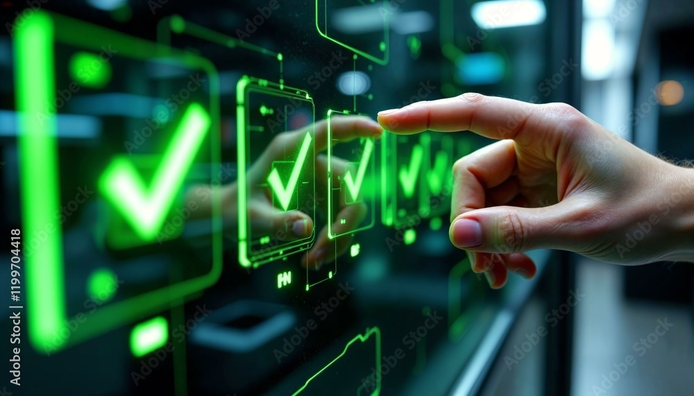 Poster hand interacting with a holographic checklist interface featuring glowing green checkmarks