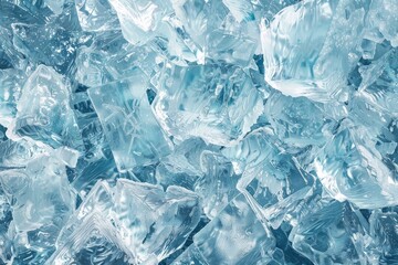 Pile of crushed ice cubes with frosty texture and translucent appearance. Close-up abstract composition.