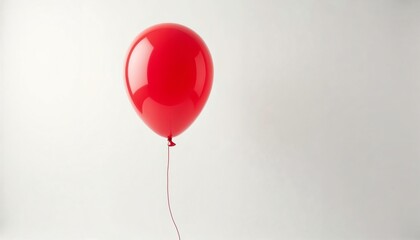 Bright red helium balloon floating on a string against a white background