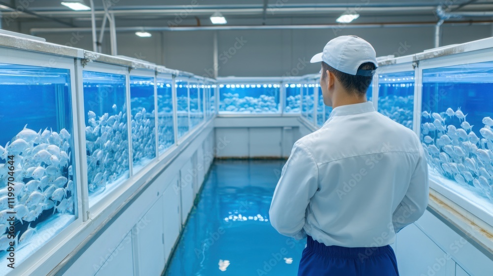 Poster a high-tech fish hatchery with rows of tanks and workers monitoring the fish growth process