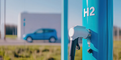 Hydrogen filling station with dispenser and blurred car in background