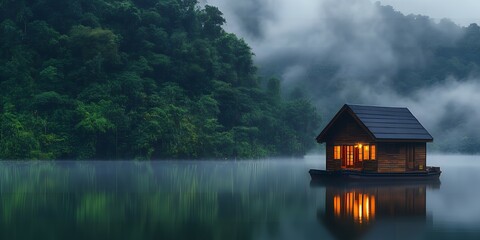 Fototapeta premium Serene Lakeside Cabin at Dusk Misty Forest Tranquil Water Reflection