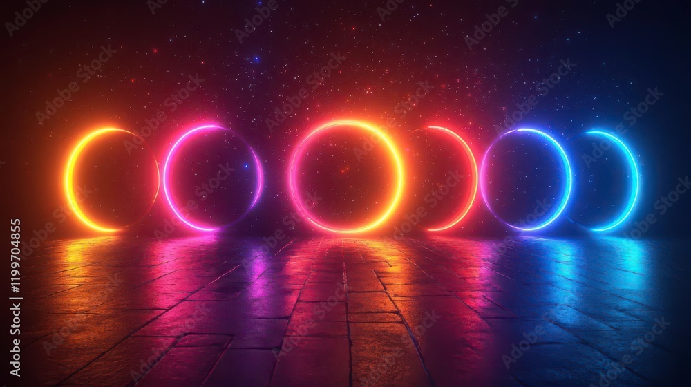 Poster a vibrant display of glowing circular shapes in neon colors, reflecting on a dark surface, creating 
