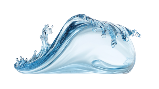 Beautiful water wave captured in motion, showcasing clarity and dynamic flow against a white isolate background.