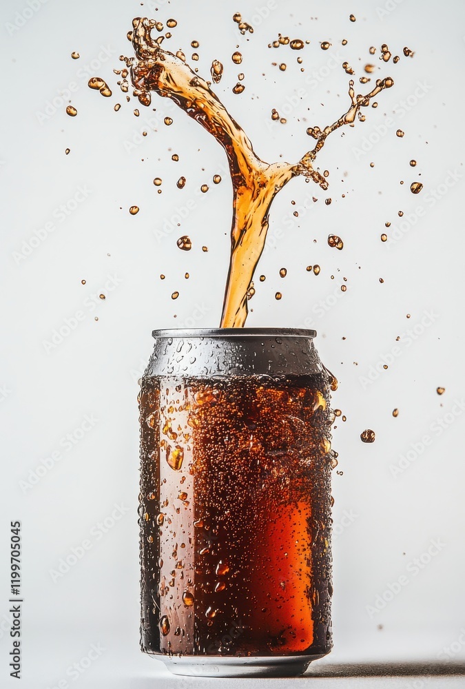 Poster refreshing carbonated beverage splashing from a metal can with bubbles on a white background capturi