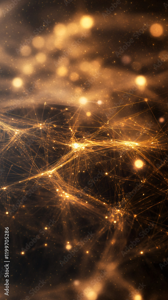 Poster Abstract golden network connecting bright spots is floating over a dark background with bokeh effect