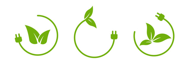 A minimalistic green plug and socket icon integrated with a leaf design, symbolizing eco friendly energy, sustainability, and natural renewal, ideal for environmental logos and stickers.