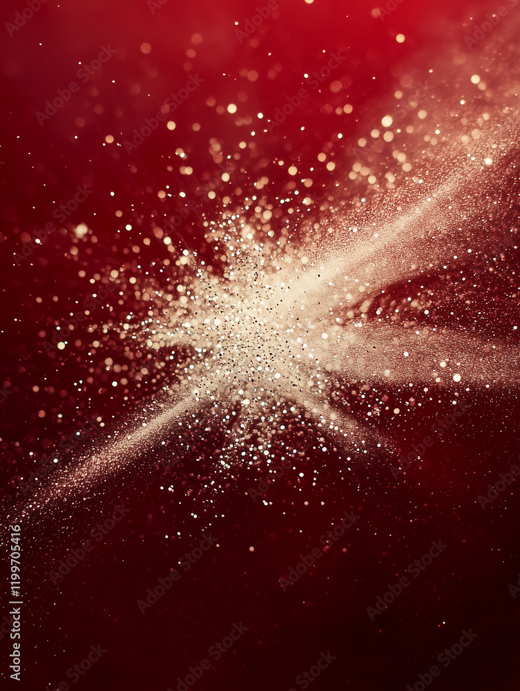 Poster silver glitter dust creating a stunning abstract starburst effect against a deep red background