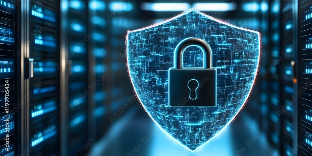 Aufkleber a digital shield with a padlock symbolizing cybersecurity amidst a backdrop of server racks. concept