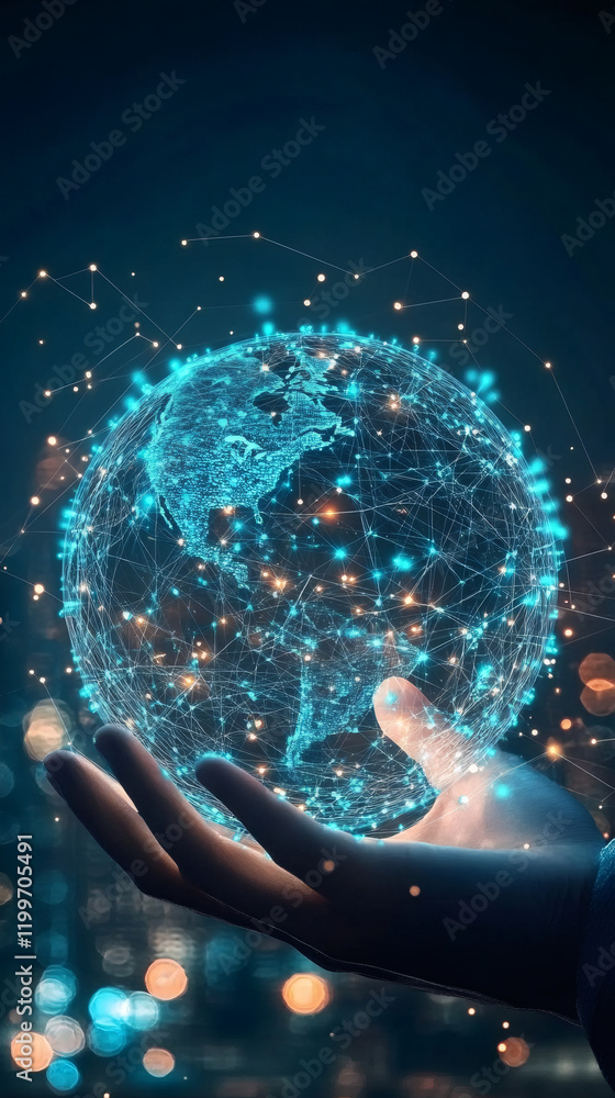 Aufkleber hand gripping a futuristic representation of planet earth, emphasizing the themes of global communic