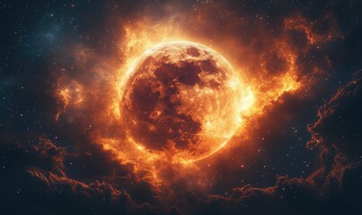 Obraz premium Fiery planet engulfed in cosmic nebula.