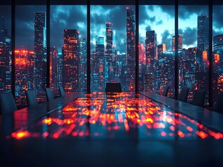 Glowing Cityscape with Holographic Business Data Displays   Dynamic Metropolis at Night  Corporate Competition and Innovation Concept
