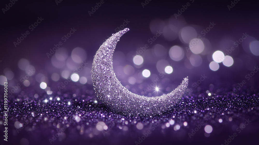 Poster silver star-like sparkles cluster around a crescent moon on a purple background creating a magical a