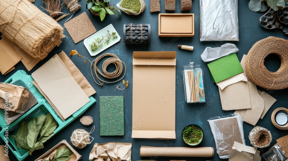 Poster an overhead shot of a workspace cluttered with various ecofriendly packaging materials showcasing a 