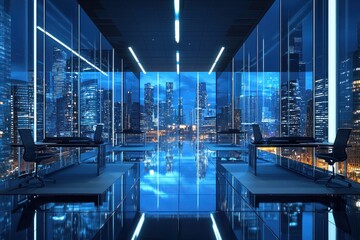 Fototapeta premium A modern office space with glass walls, showcasing a vibrant city skyline at night illuminated by blue lights.