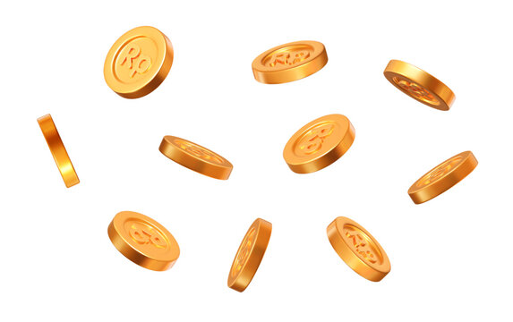 3d flying gold Indonesian Rupiah coins on white isolated background. Rich or casino luck concept. Precious expensive treasure. Stock vector illustration.	