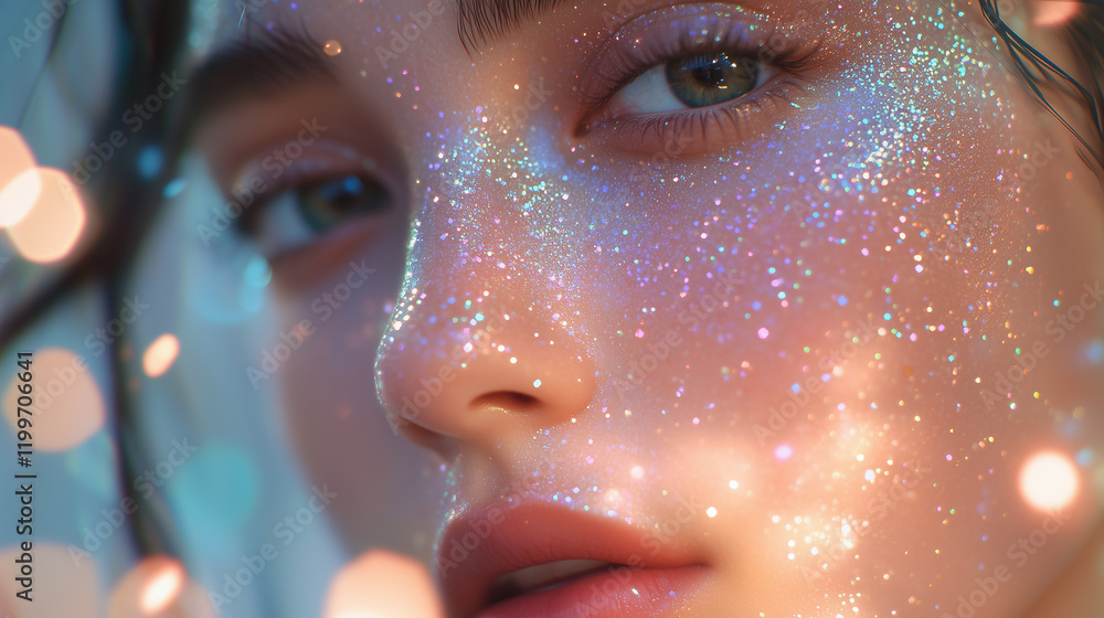 Poster captivating close-up of a person with translucent pastel glitter enhancing facial features surrounde