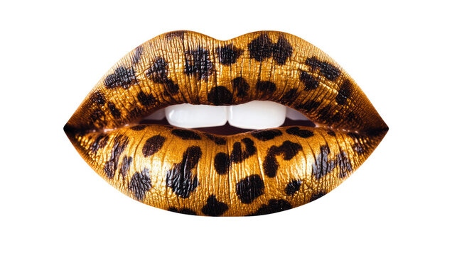 A close-up image of vibrant leopard print lips, showcasing a bold and artistic style with a glossy finish against a white isolated background. - Powered by Adobe