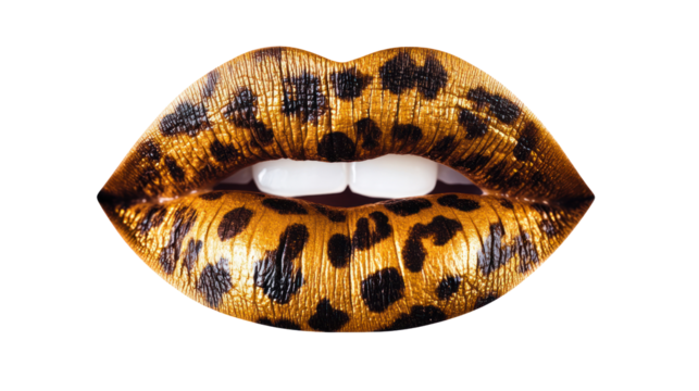 A close-up image of vibrant leopard print lips, showcasing a bold and artistic style with a glossy finish against a white isolated background.