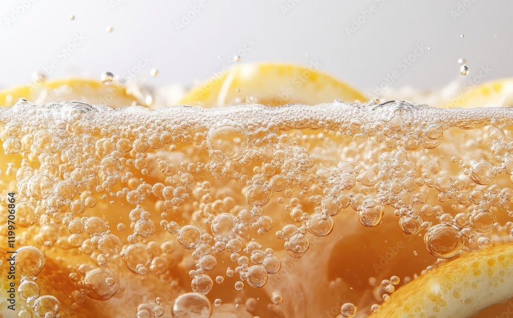 Aufkleber refreshing citrus beverage with bubbles and lemon slices in carbonated water captured in close-up fo